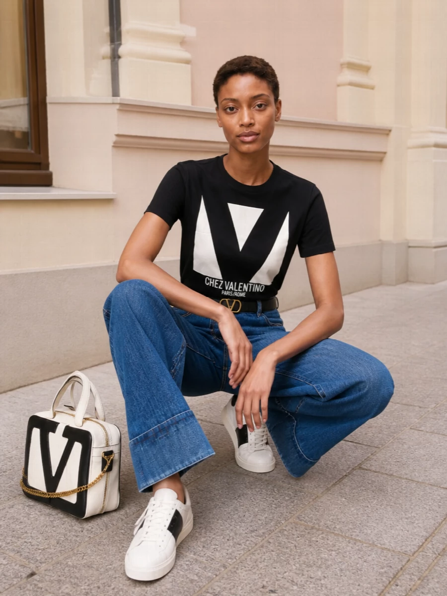 Valentino logo tee wide leg jeans outfit