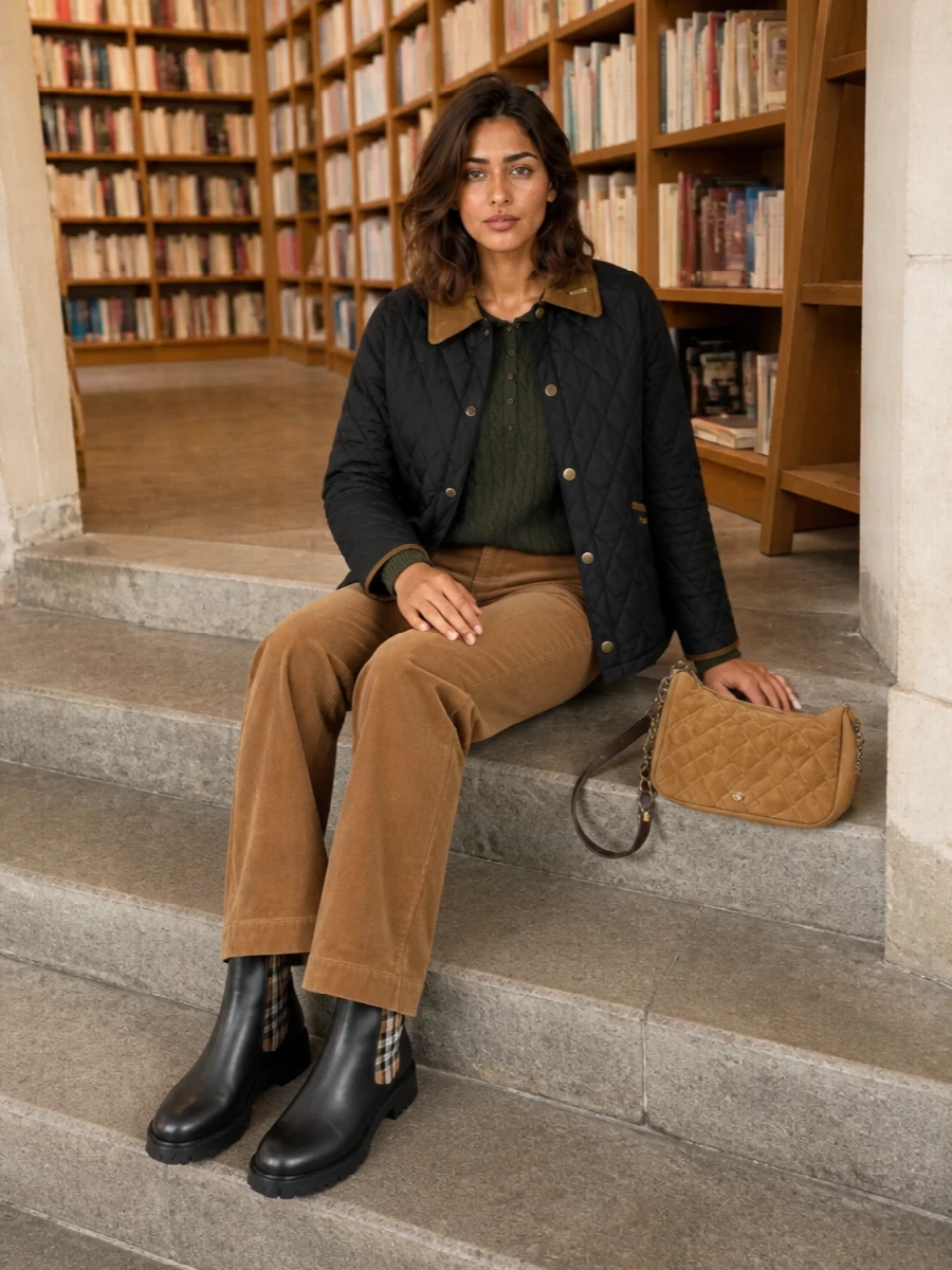 Barbour quilted jacket corduroy flares outfit