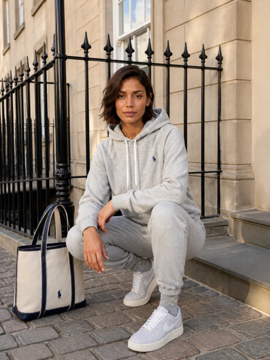Head-to-toe heather grey keeps this Polo set calm and pulled together, while the tonal Nike sneakers and socks extend the color story right down to the ground. The navy-trimmed canvas tote breaks the grey with a crisp preppy note, so the whole outfit feels ready for coffee runs, travel days or a slow city Sunday. It is relaxed enough for lounging but considered enough that you can step straight out the door without changing a thing.