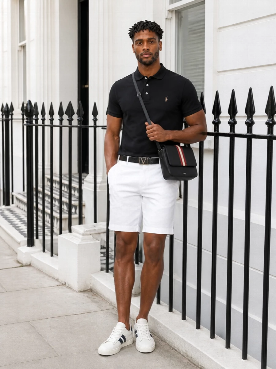 A black Polo Ralph Lauren polo sits cleanly over crisp white chino shorts for a sharp, high-contrast take on summer prep. Off-white and navy Bally sneakers keep the mood quietly sporty while the striped Bally crossbody adds a refined collegiate note. A slim Valentino belt in black ties the hardware and logo accents together, keeping the whole outfit precise yet relaxed enough for city days or casual dinners by the water.