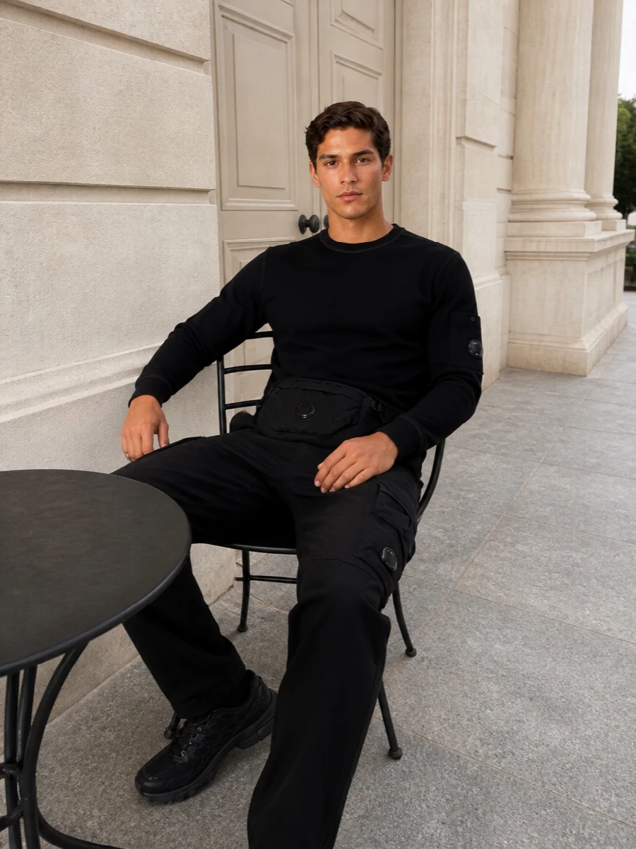 Cp company cargos black sweatshirt salomon sneakers