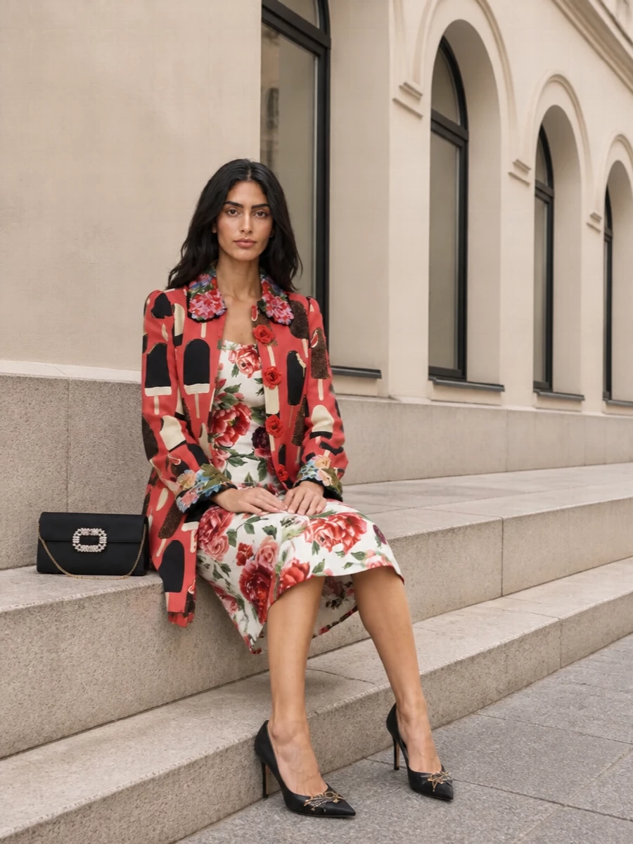 Dolce gabbana floral coat ivory midi dress