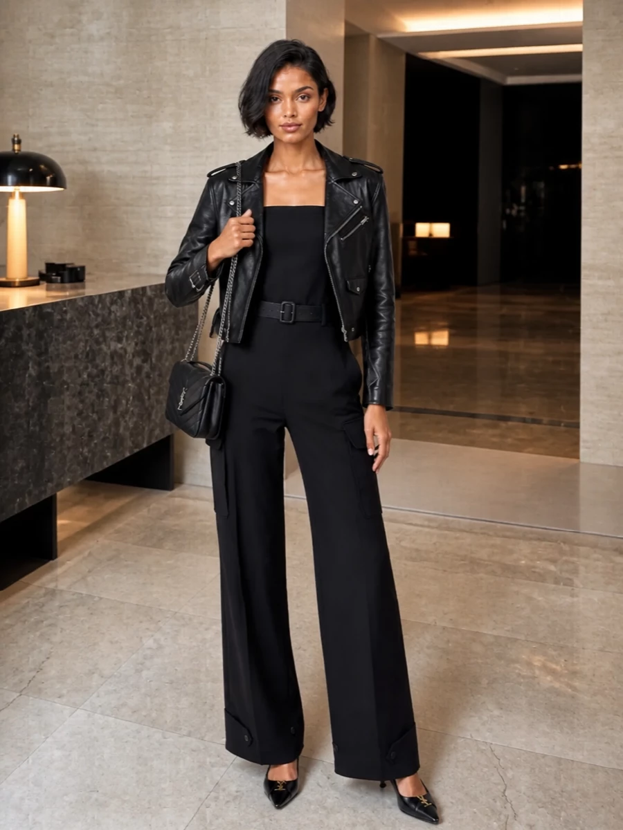 Saint laurent biker jacket black jumpsuit outfit