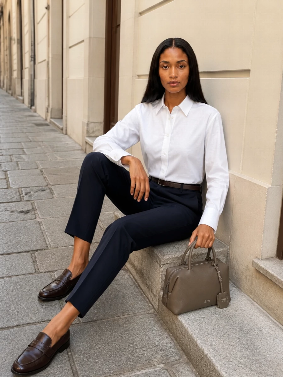 Crisp white shirting meets deep navy tailoring for a clean, directional take on city polish. The chocolate loafer and taupe top-handle introduce soft, grounded browns so the palette stays refined rather than stark. A slim belt ties the proportions together, keeping the straight-leg line sharp while still relaxed enough for long days that turn into dinners.
