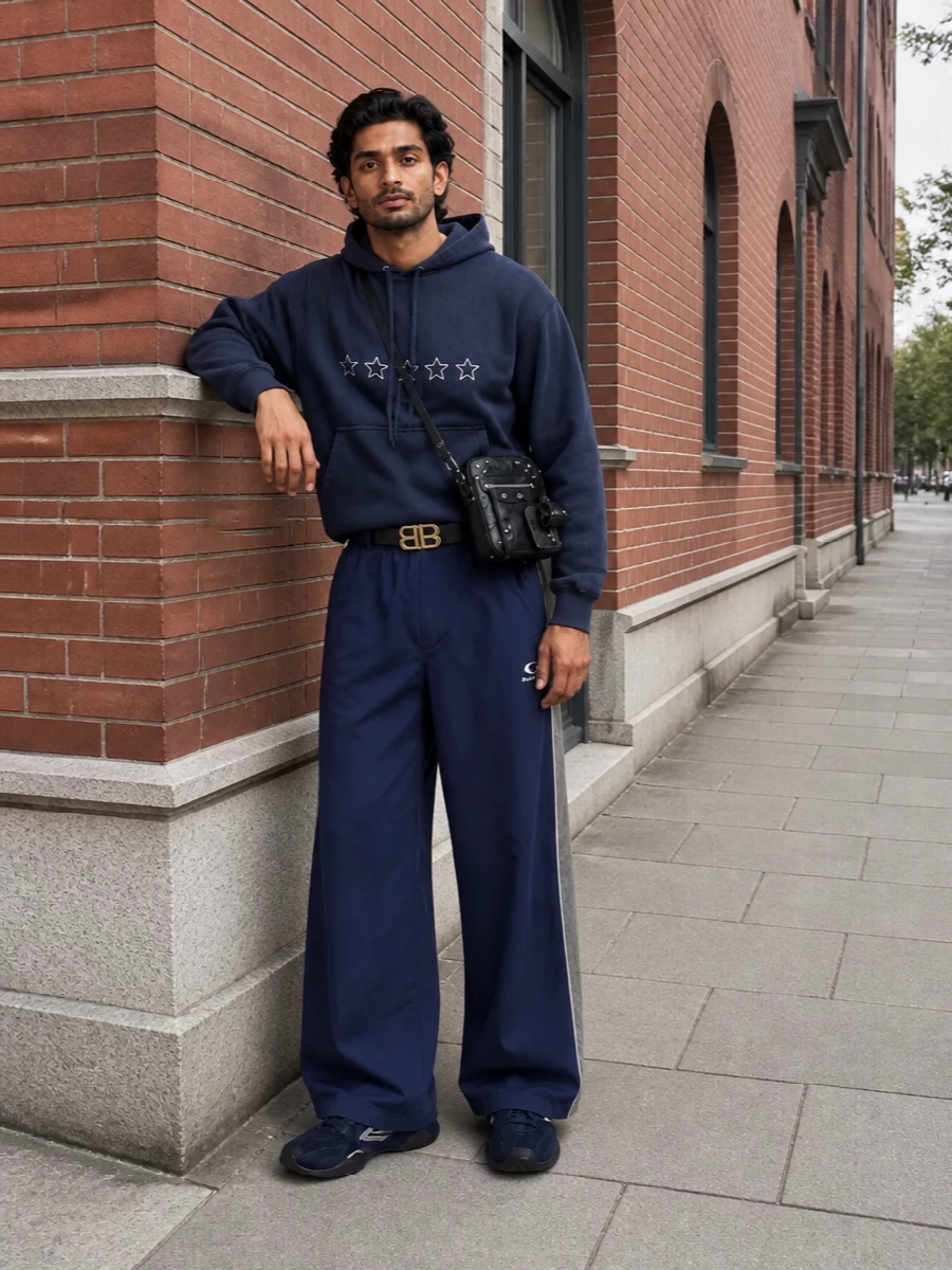 Balenciaga navy hoodie wide track pants runners