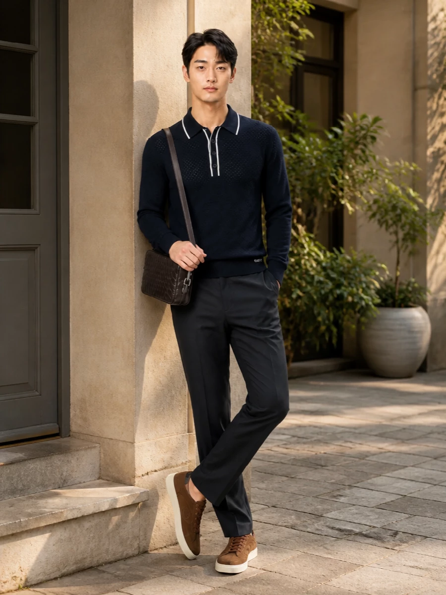 This look pairs the chestnut suede Gucci sneakers with a navy knit polo and deep-charcoal tailored trousers for a quietly luxurious, modern uniform. The espresso Bottega crossbody echoes the warm leather tones, tying together an elevated FW outfit that moves effortlessly from smart office hours to polished evening plans.