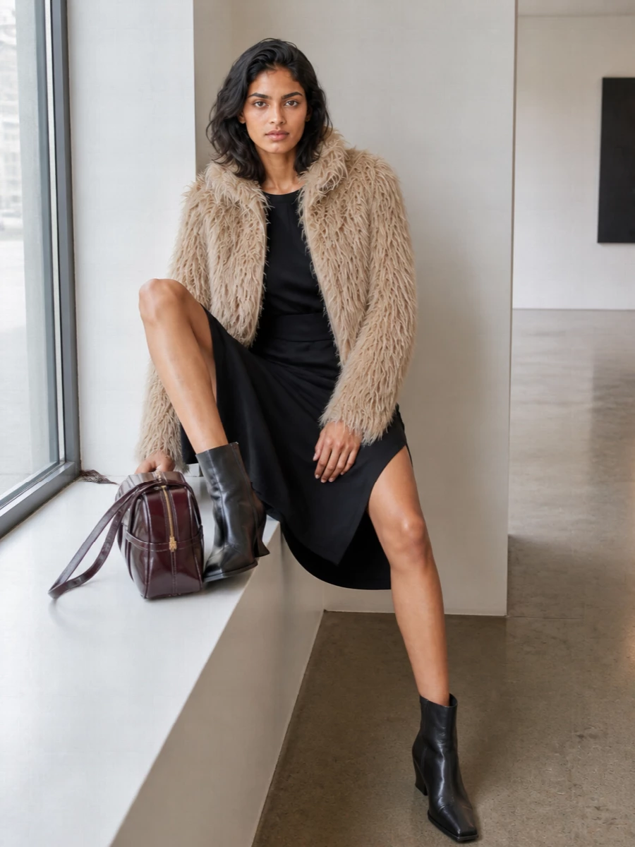 Dries van noten faux fur jacket black sheath