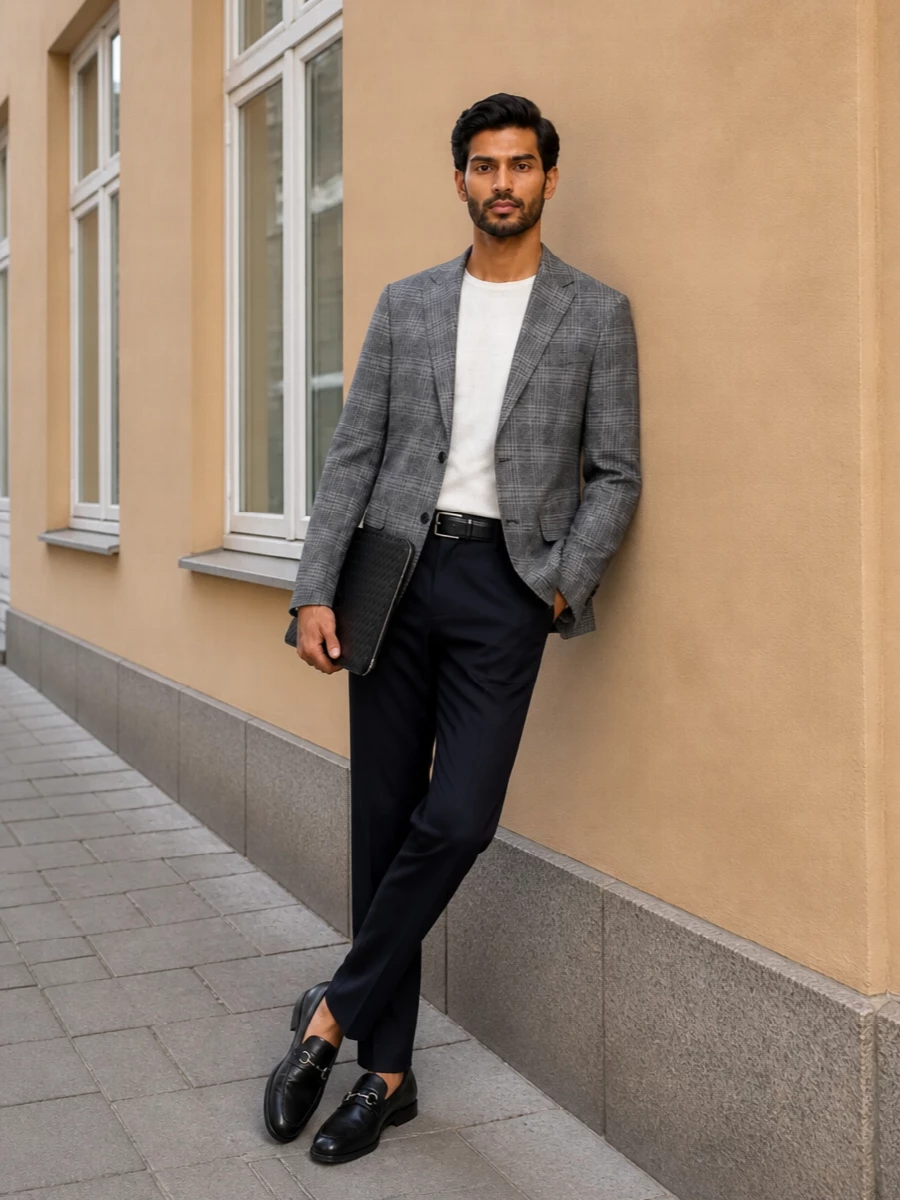 Zegna grey check blazer navy trousers outfit