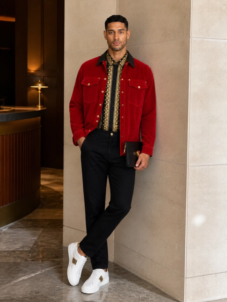 Versace red corduroy jacket black jeans sneakers