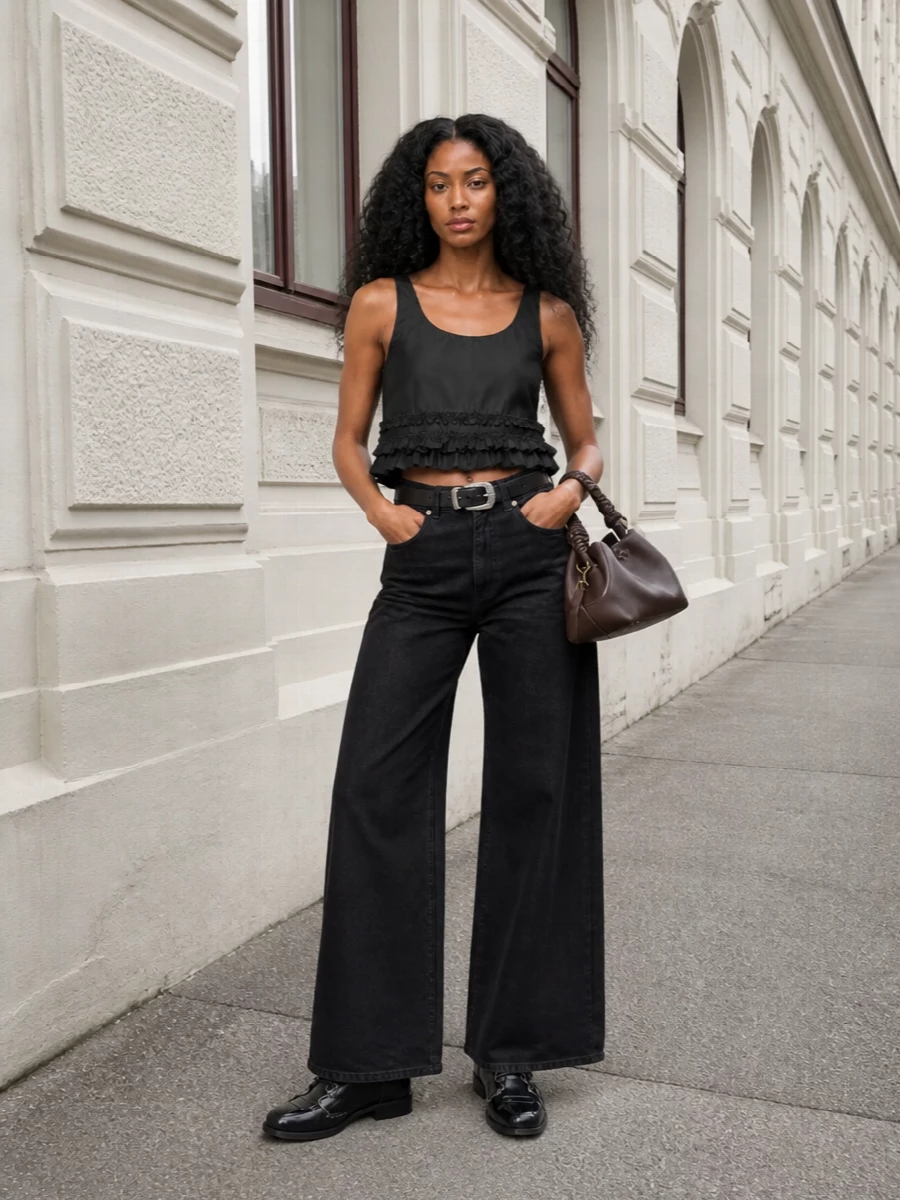Ganni ruffle tank wide leg jeans ankle boots