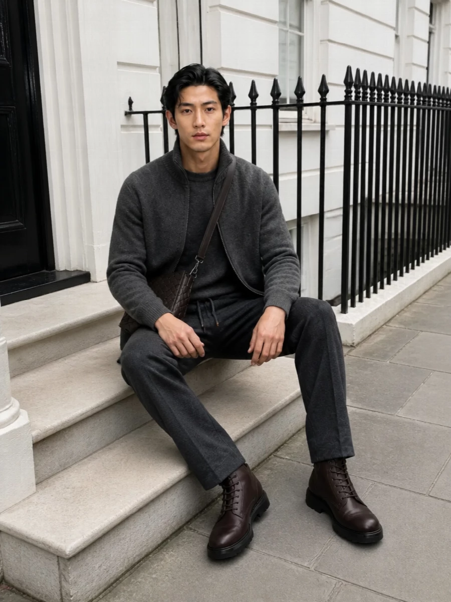 Brunello cucinelli grey knit jacket outfit boots