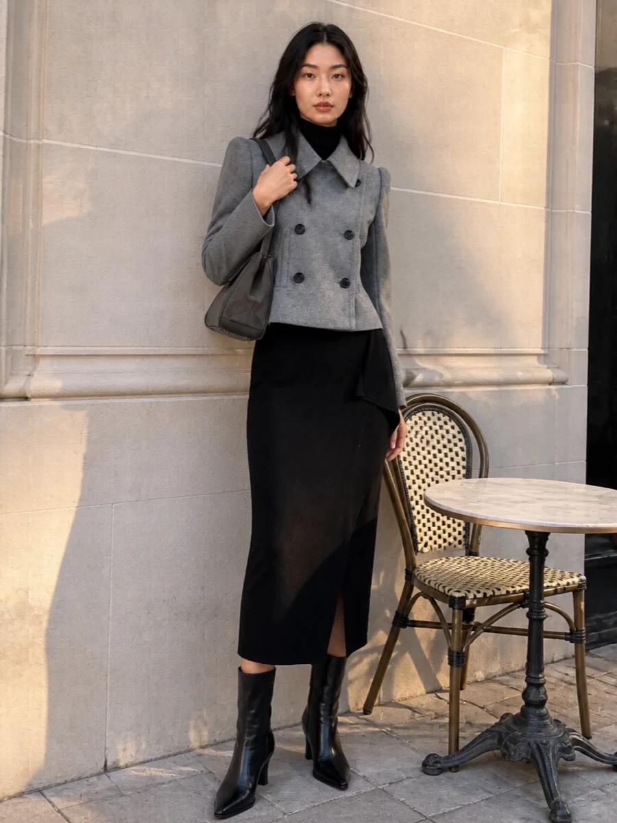 Parosh black knit midi dress grey tailored jacket