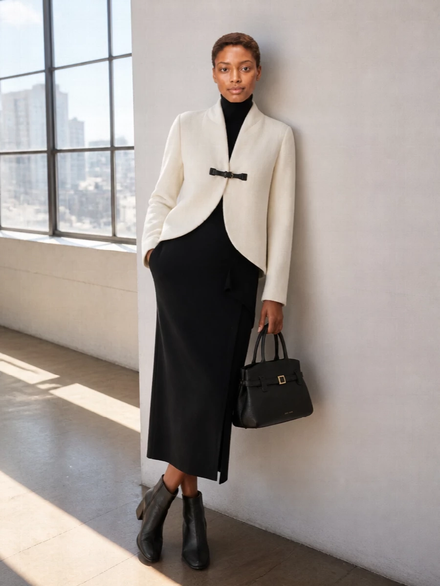 I am styling this around the dress path, not separates, because the cropped Forte Forte jacket wants a long, uninterrupted column underneath to keep the proportions sharp and modern. The Parosh knit midi in black creates that vertical line, so the off white jacket reads sculptural rather than boxy, and the Mm6 boots plus structured Manu Atelier bag complete a coherent black-and-ivory winter palette. The result is quietly formal enough for dinners or a gallery opening, with subtle texture doing the work instead of any loud detail.