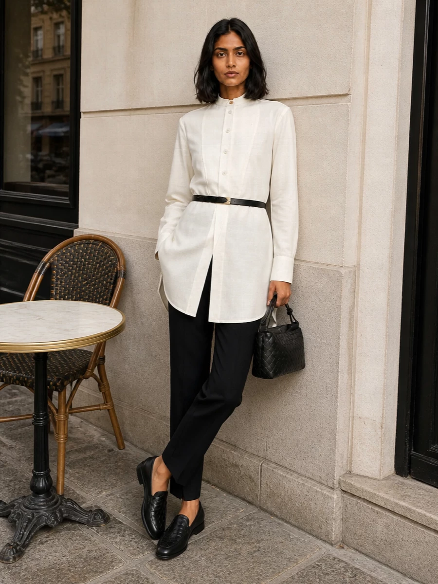 Bottega veneta black trousers ivory tuxedo shirt