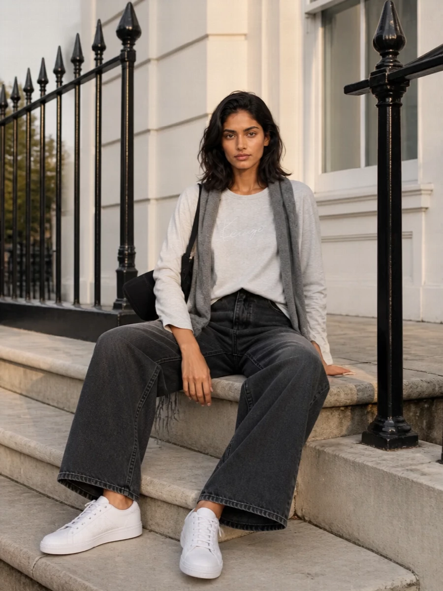 Kenzo grey logo tee wide leg jeans sneakers