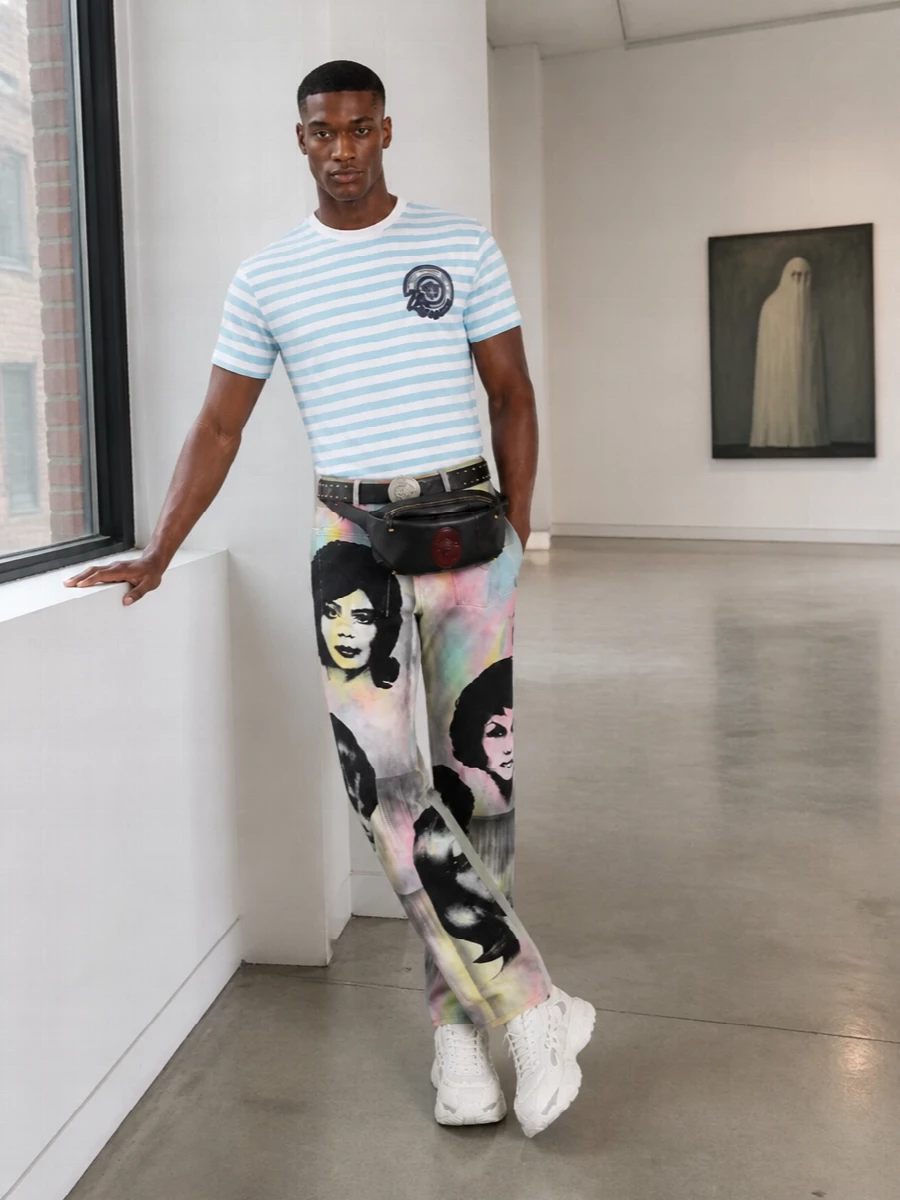 Versace pastel jeans striped tee outfit