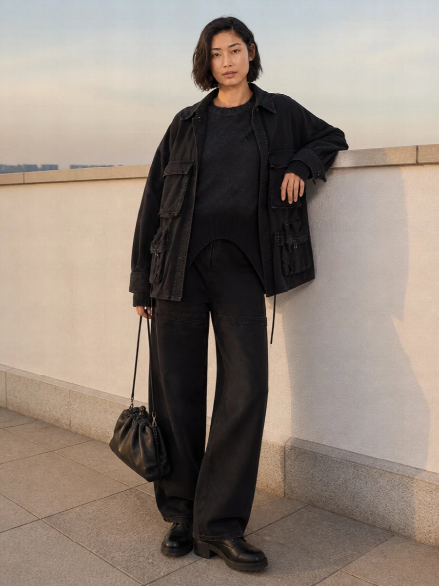 The attico utility jacket wide leg jeans outfit
