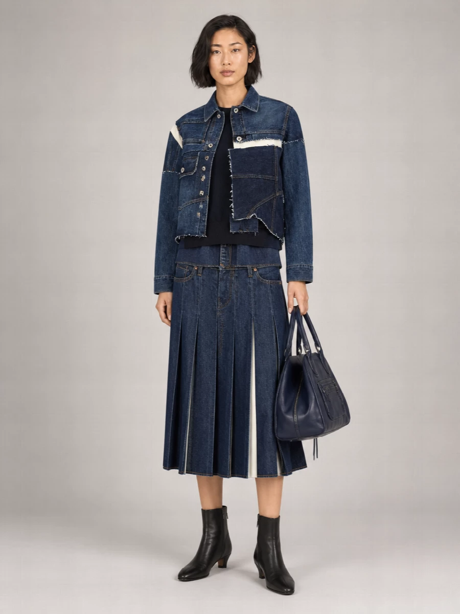 Sacai Patchwork Cropped Flared Denim Jacket
