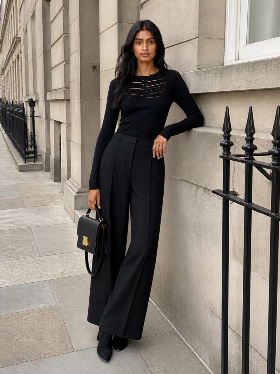 This is a dark, sculpted evening ensemble built on a slim Rick Owens knit and his high-waisted wide-leg trousers, which work better than a dress to echo the boots’ architectural attitude. The column of black from shoulder to toe feels quietly powerful rather than showy, with the volume of the trouser balancing the lean ankle boot. A structured black box bag with gold hardware brings just enough precision and shine to finish the outfit without disturbing its minimalist, tailored calm.