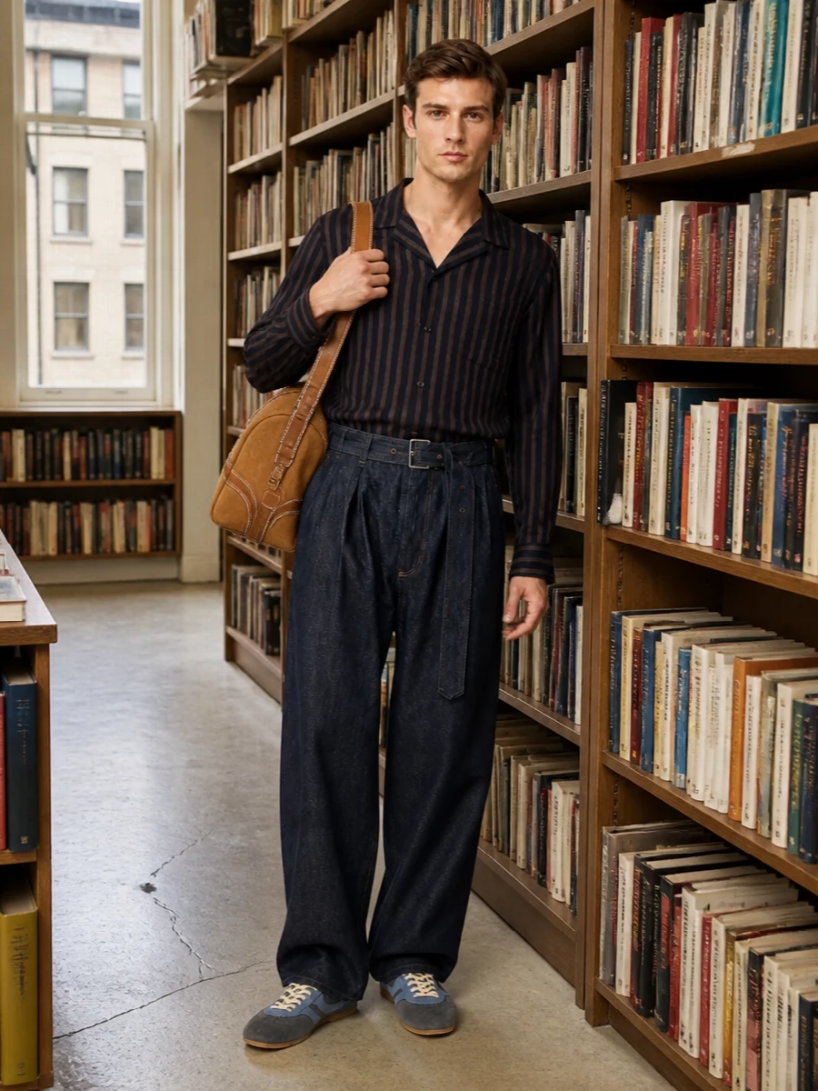 Dries van noten wide leg jeans striped shirt