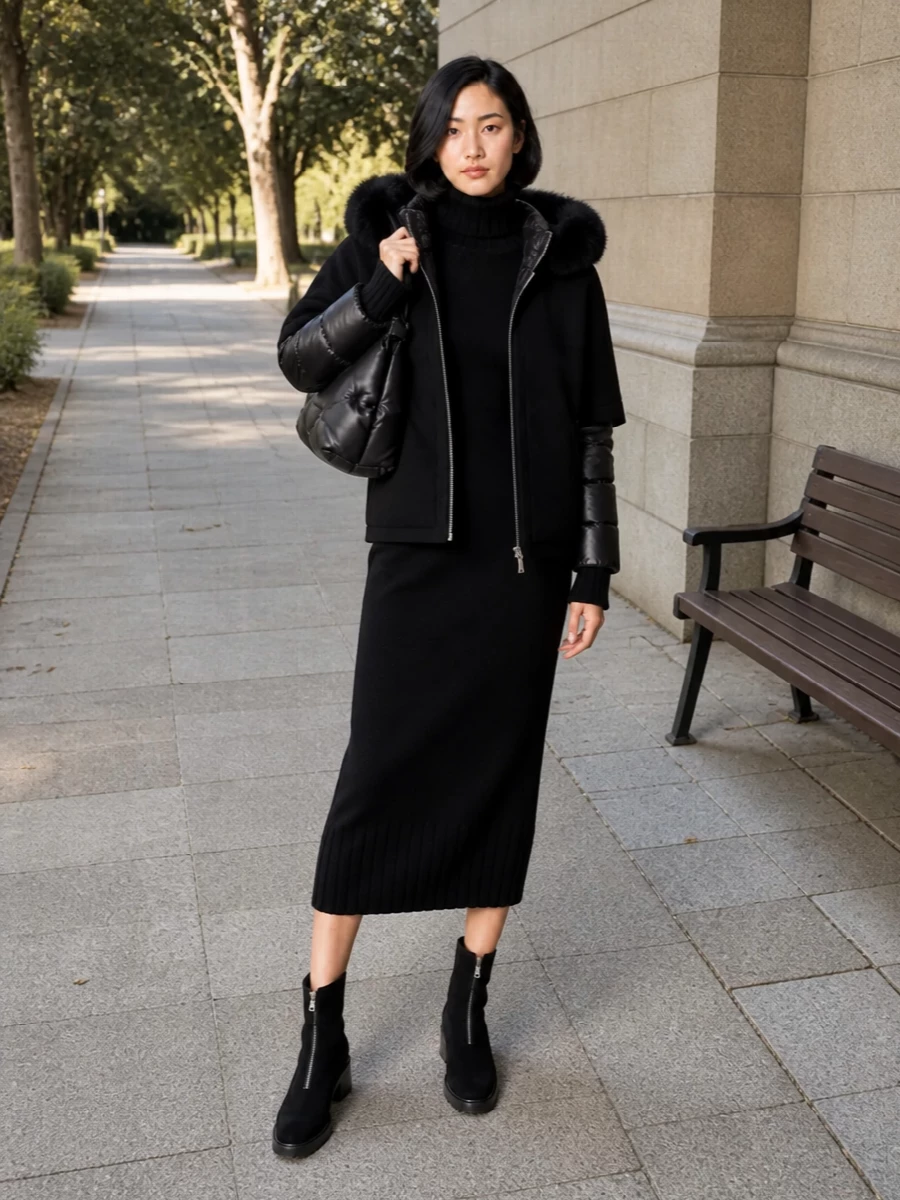 Moncler sweater dress the row boots outfit