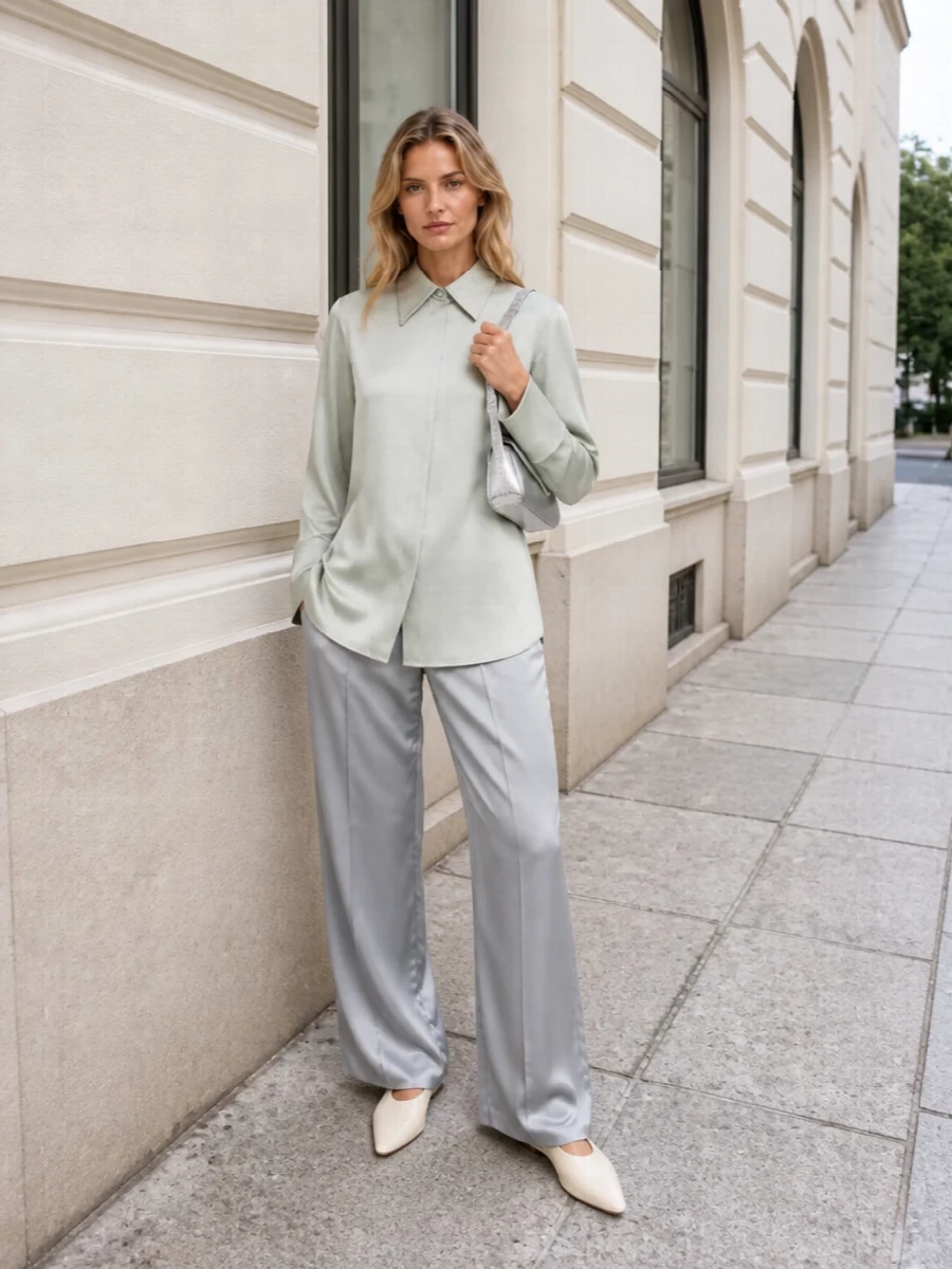 Jil sander satin trousers silver sage outfit