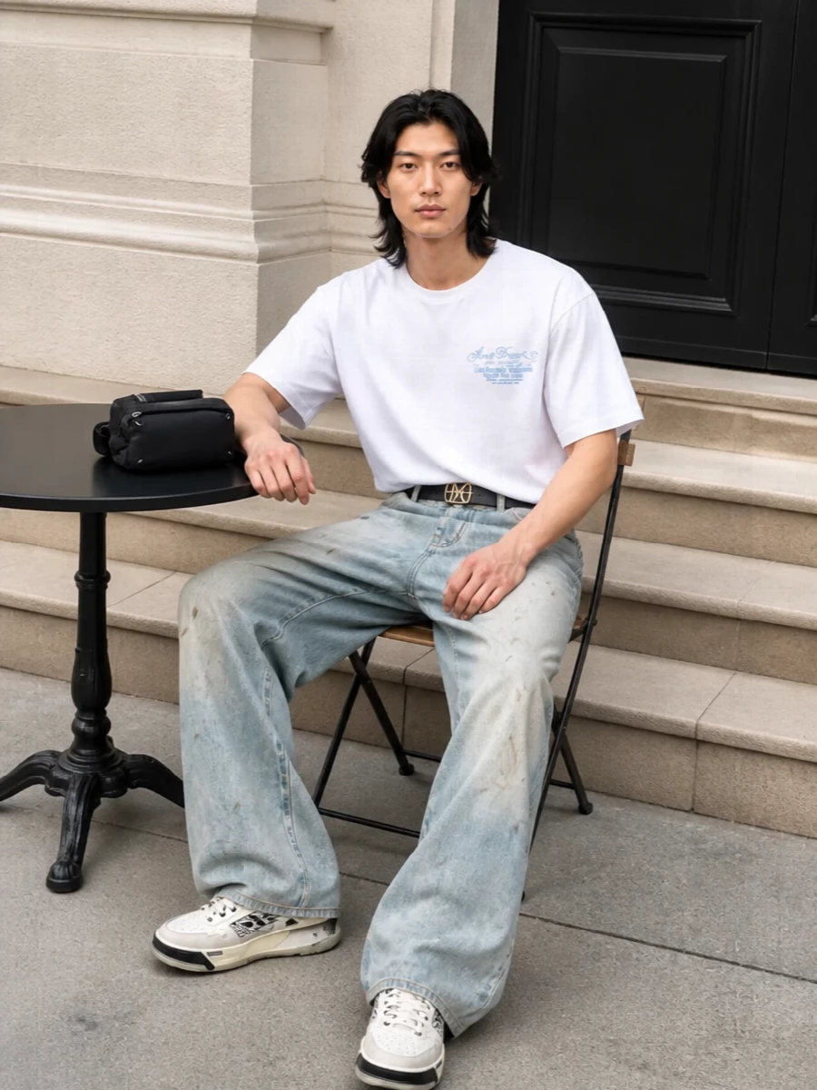 Amiri wide leg jeans white tee sneakers