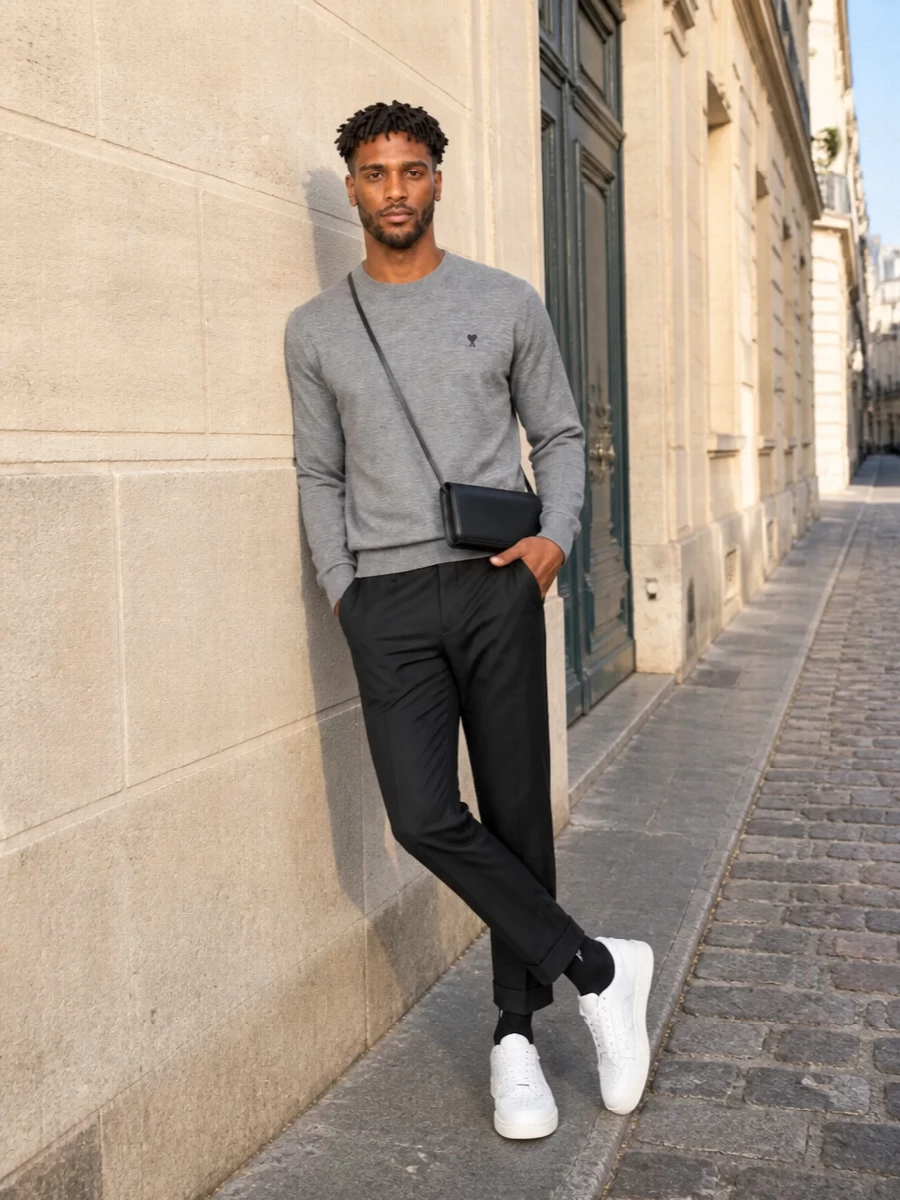 Heather grey knit and cropped black tailoring create a clean, city-ready uniform that feels polished without stiffness. White court sneakers add a fresh contrast at the floor, while the slim black shoulder bag keeps the line refined and discreet. It is an easy day-to-evening combination for work, gallery afternoons or low-key dinners.