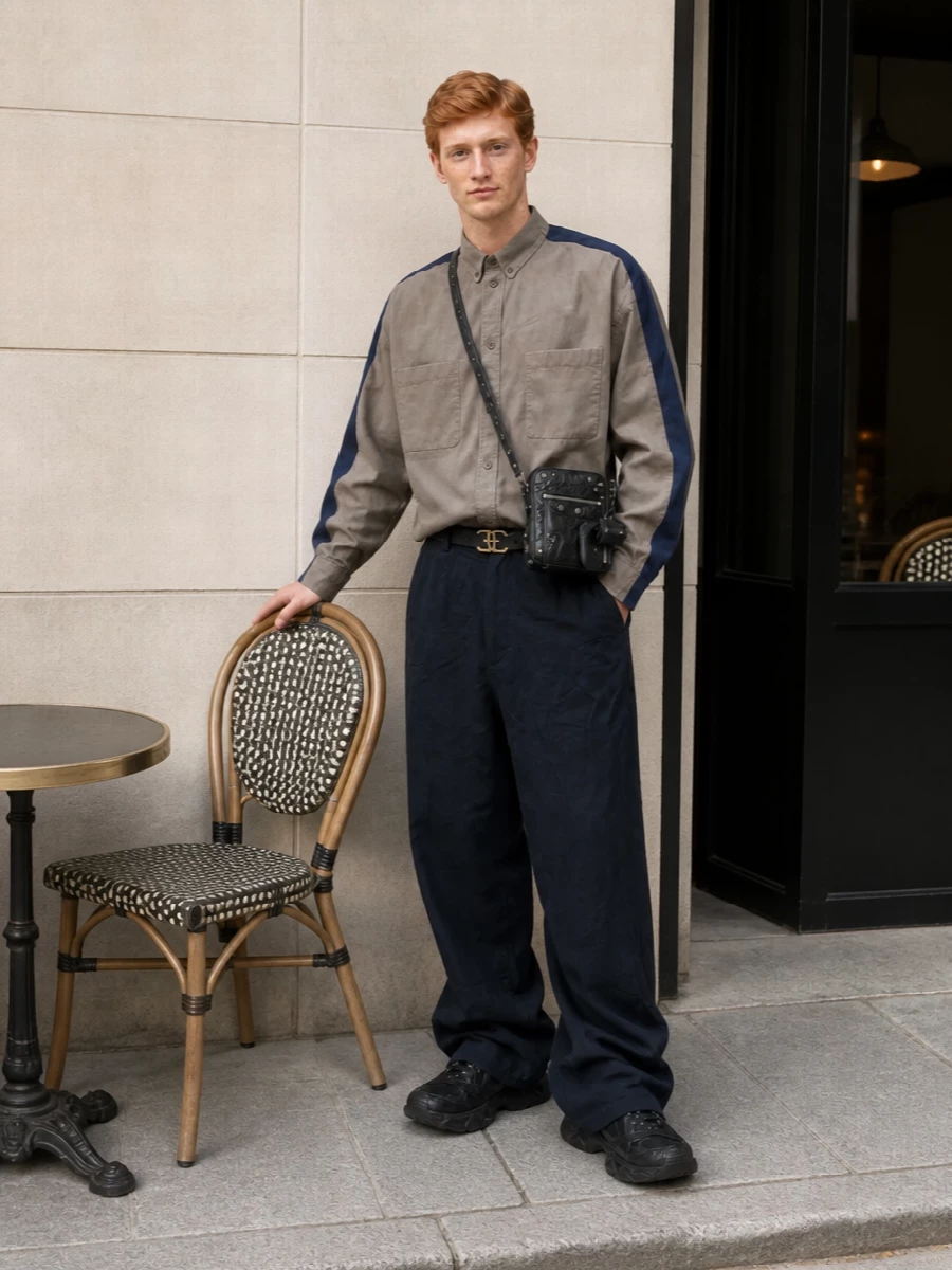 A washed taupe work shirt with navy sleeve panels sits over slouched ink navy wide-leg trousers for a strict, monochrome block of volume. All-black technical sneakers and a moto-detailed crossbody keep it grounded and graphic, while the logo belt quietly sharpens the waistline within the oversized silhouette.