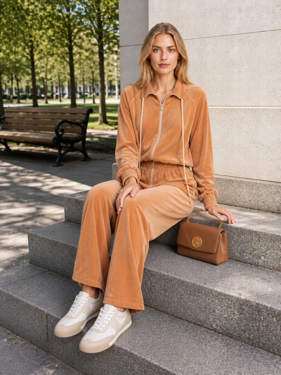 Chloe camel velour jacket matching lounge pants