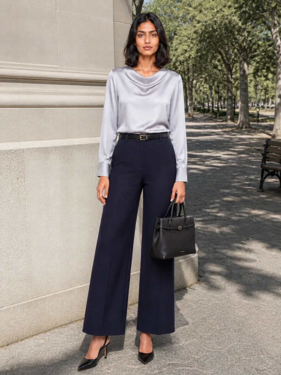 S max mara navy wide leg trousers satin blouse