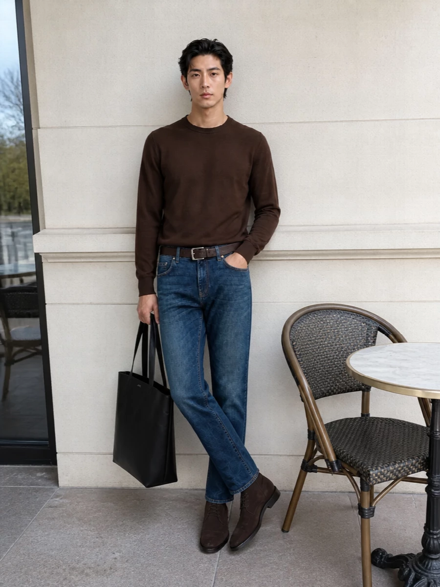 A rich chocolate crewneck with clean lines sharpens the straight indigo jeans, creating a smart yet relaxed base for city days. Dark suede desert boots and a matching leather belt keep the tone cohesive, while the black leather tote adds a discreet, modern note that reads refined rather than flashy.