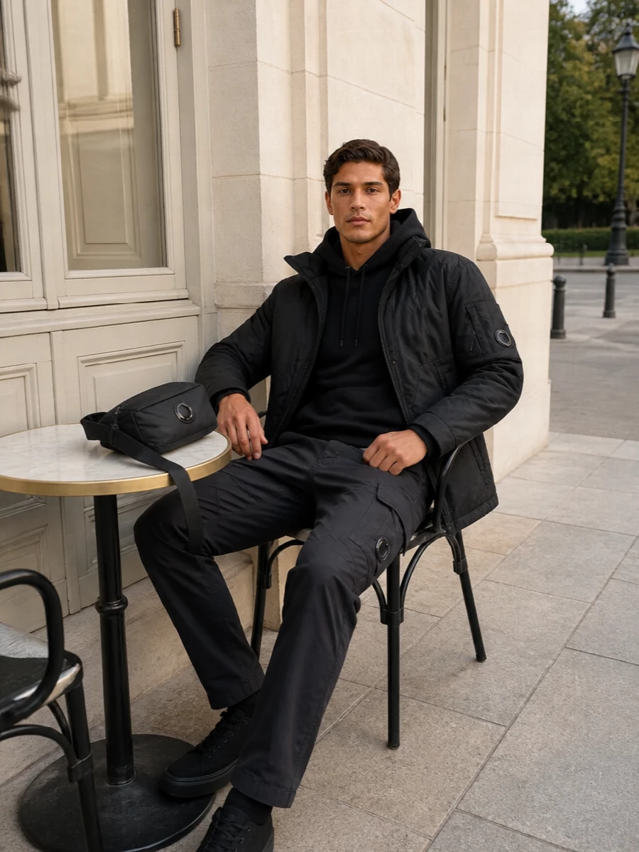 Fully monochrome and brand-consistent, this C.P. Company and Stone Island mix is built for cold city days when you want technical function to feel sharp rather than sporty. The regular-fit padded jacket sits over a clean black hoodie and charcoal cargo, giving a straight, easy line that works with both sneakers and boots. A compact lens-detailed crossbody finishes it with just enough hardware and texture without disrupting the stealth palette.