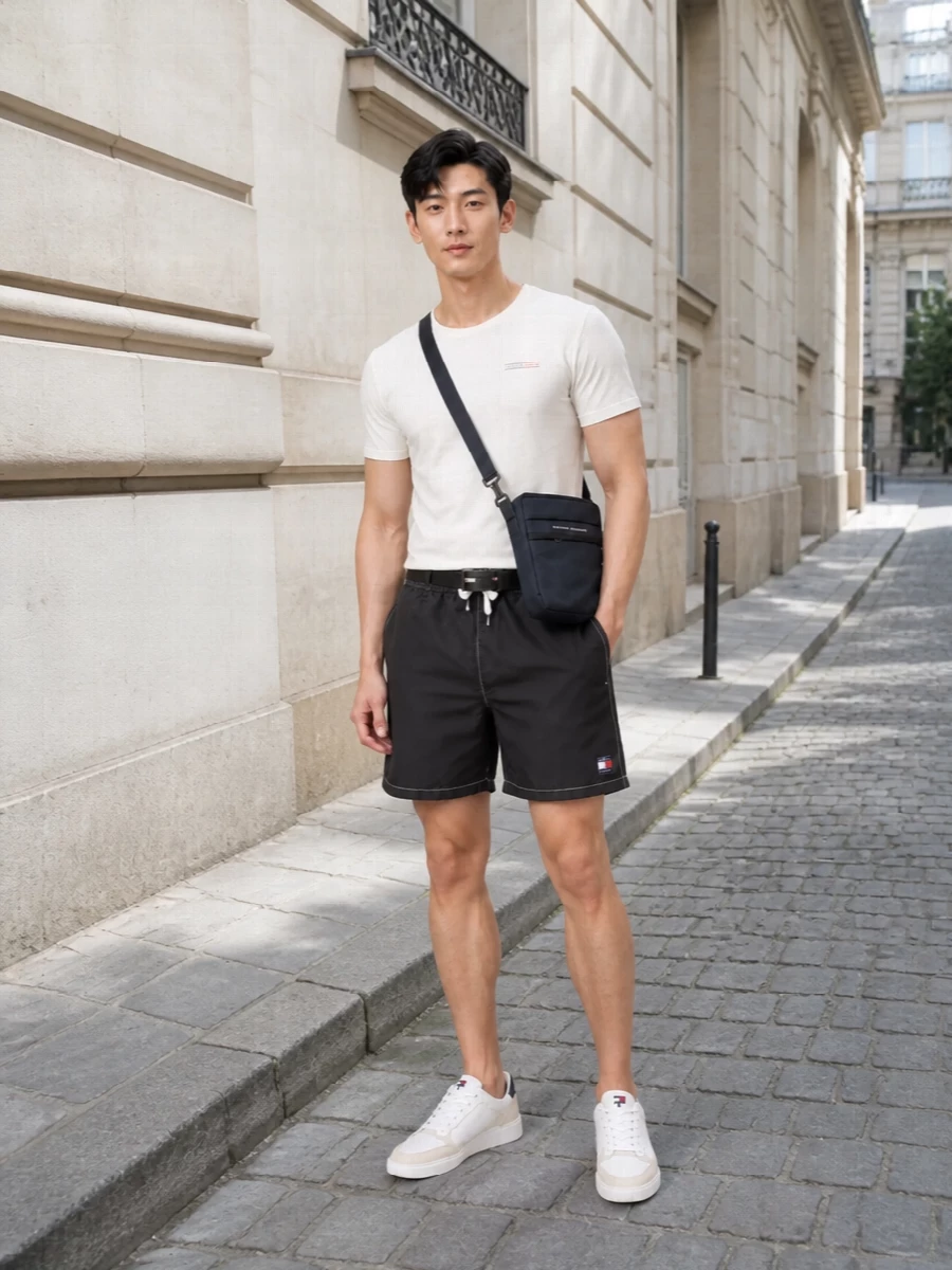 Tommy hilfiger charcoal shorts white tee sneakers