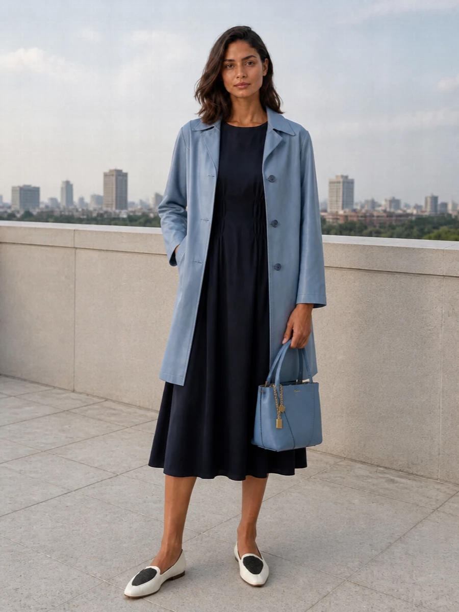 I chose the dress path so the coat can sit over a single, fluid column of navy, keeping the palette tight and the silhouette quietly elongated. The result is a softly tailored city ensemble that moves easily from a refined lunch to evening drinks, with flats and a compact tote grounding it in modern practicality. Cool blues and clean lines keep everything coherent without feeling over-styled or matchy.