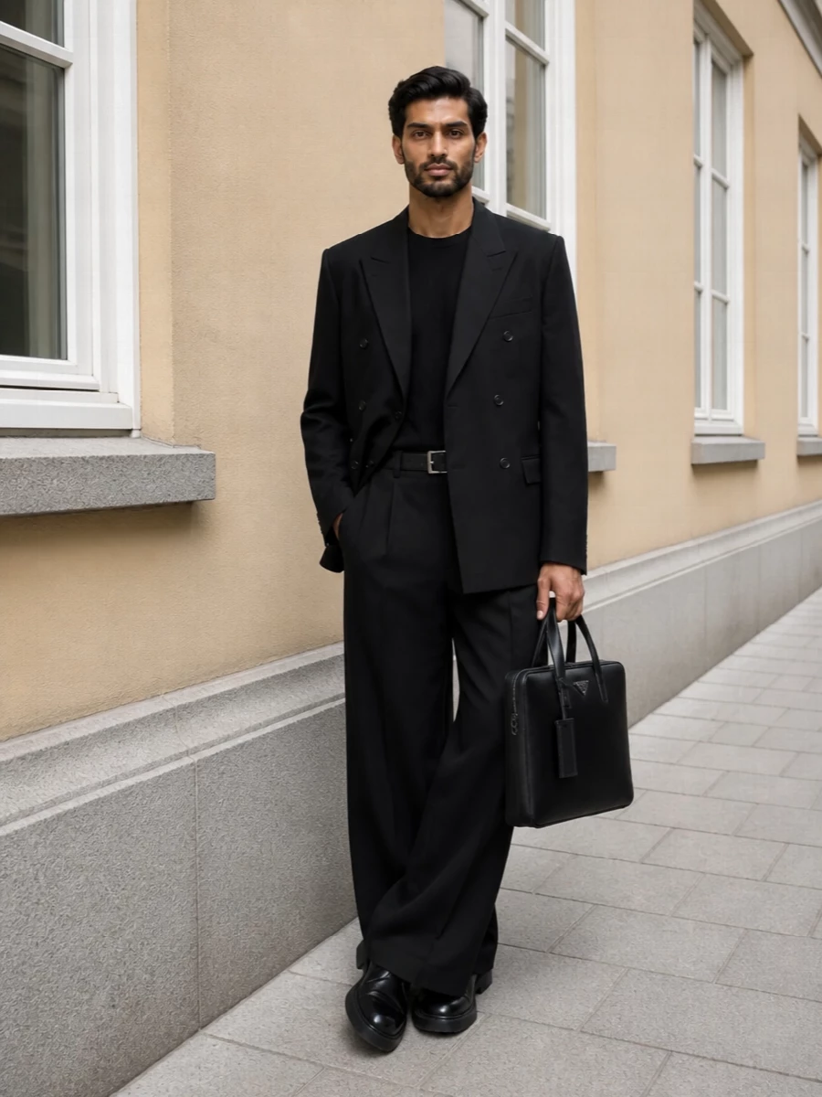 Balenciaga wide leg suit prada black brief bag