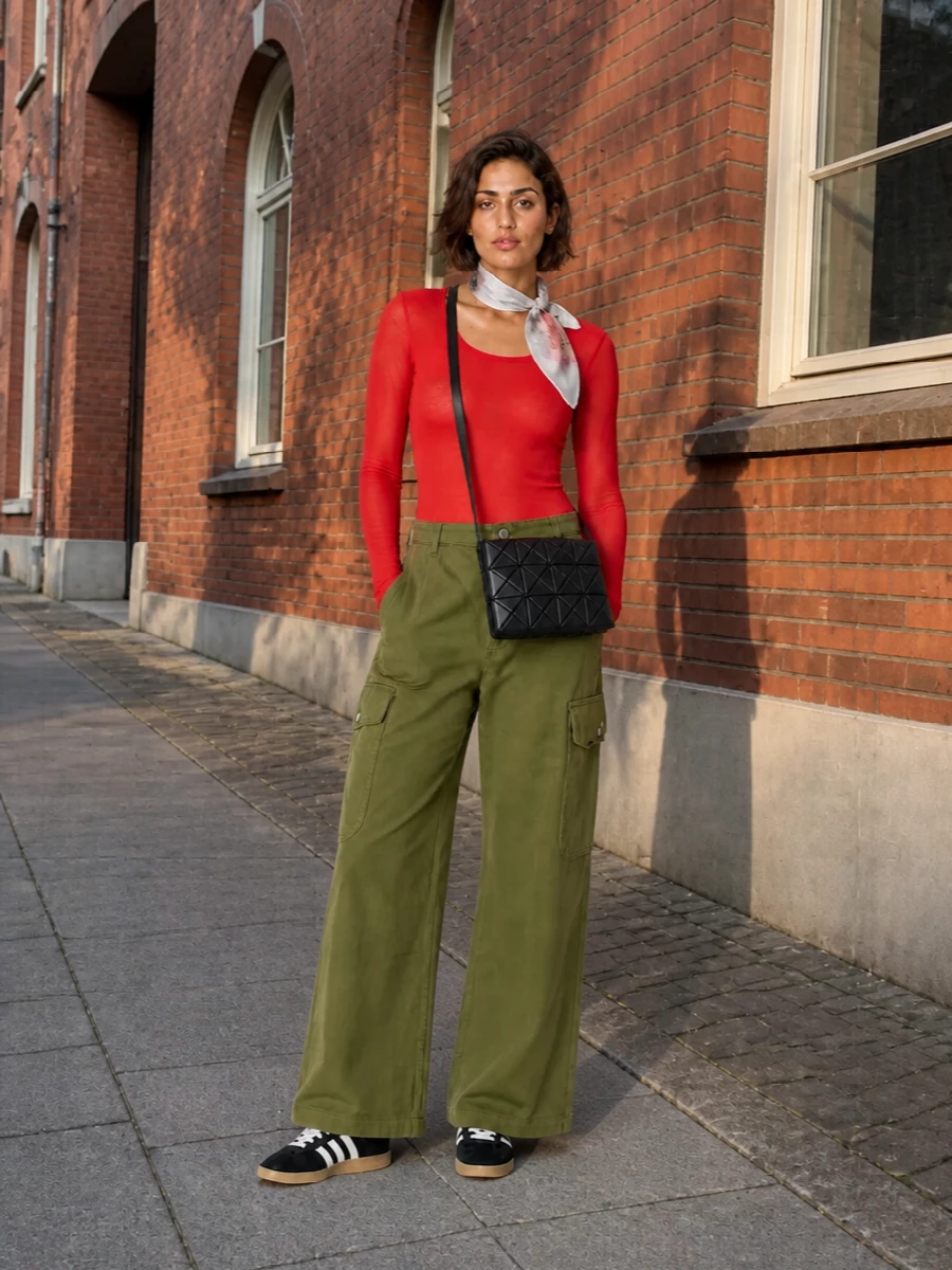 A sheer red longline tee meets soft olive cargos for a low-key streetwear uniform that still feels intentional. Black gum-sole sneakers and a faceted crossbody keep the palette grounded and graphic. The portrait scarf is your one subtle twist, tying the color story together without shouting.