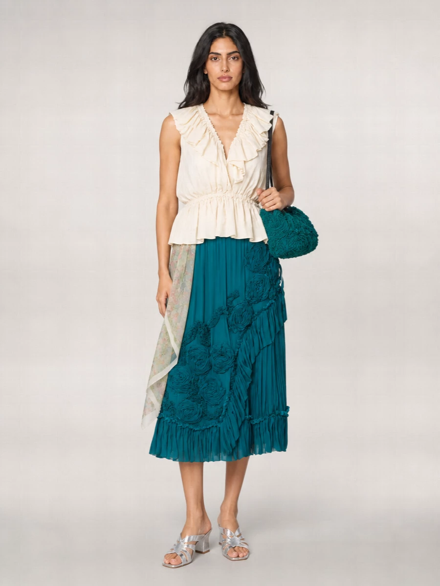 Dries Van Noten Floral Appliqué Asymmetric Ruffled Midi Skirt