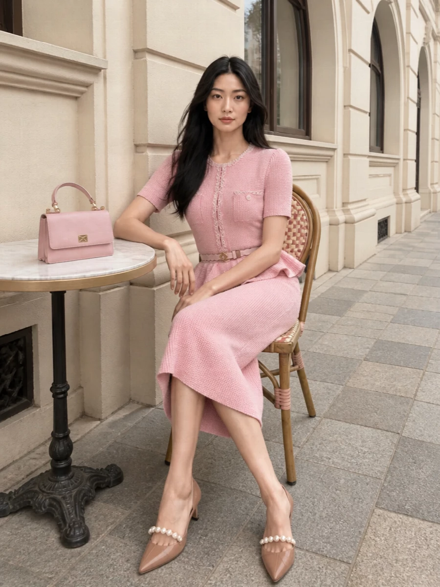 A sugared‑pink Self‑Portrait dress is paired with nude‑rose Jimmy Choo pumps and a structured Dolce&Gabbana mini top‑handle for a polished, romantic take on modern cocktail dressing. The soft tonal palette keeps everything in the same pastel family, while the pearl detail on the shoe and the slim scalloped belt quietly echo the dress’s feminine tailoring without competing with its texture.