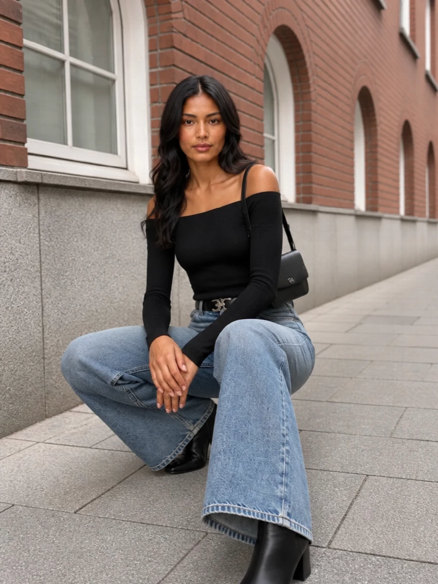 Courreges wide leg jeans black knit ankle boots