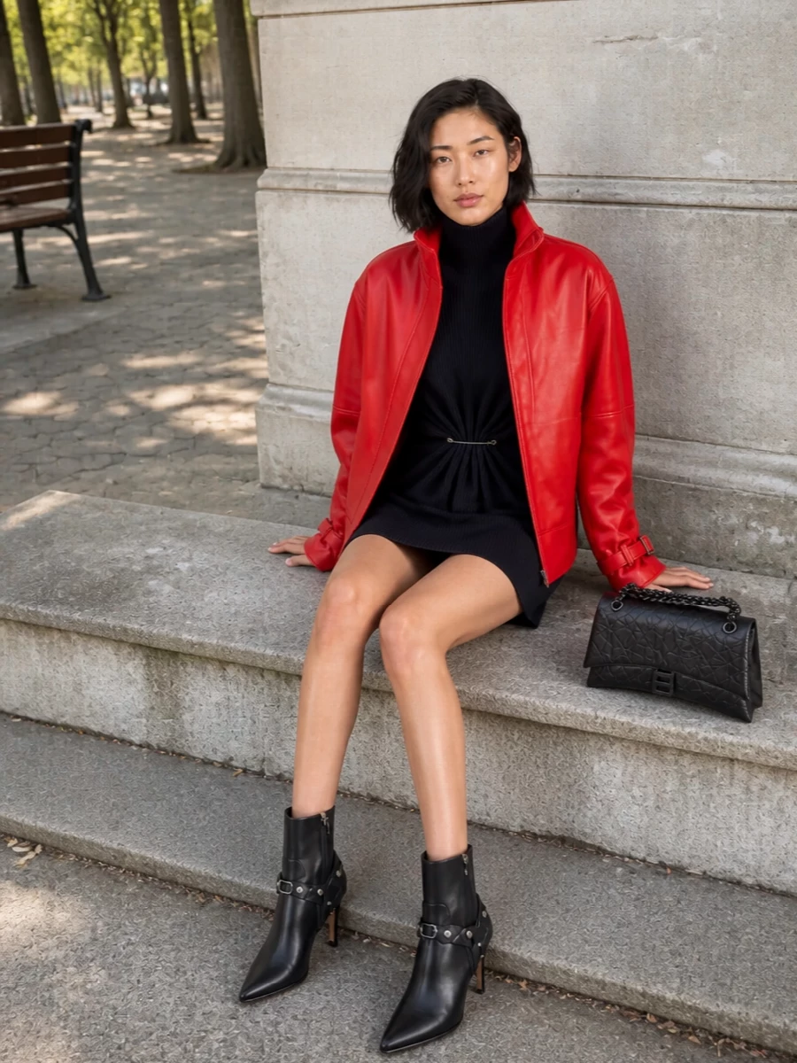 This reads as a strong Balenciaga city uniform built around the fire-red leather jacket, so I chose the knit dress route to keep the silhouette clean and directional rather than busy with denim layers. The navy funnel-neck mini anchors the color story, while the pointed black ankle boots and tonal quilted shoulder bag double down on that sharp, urban after-dark energy without competing with the jacket’s volume and color. It is a tight, high-impact composition that feels luxurious, practical for cold seasons, and unmistakably Balenciaga.