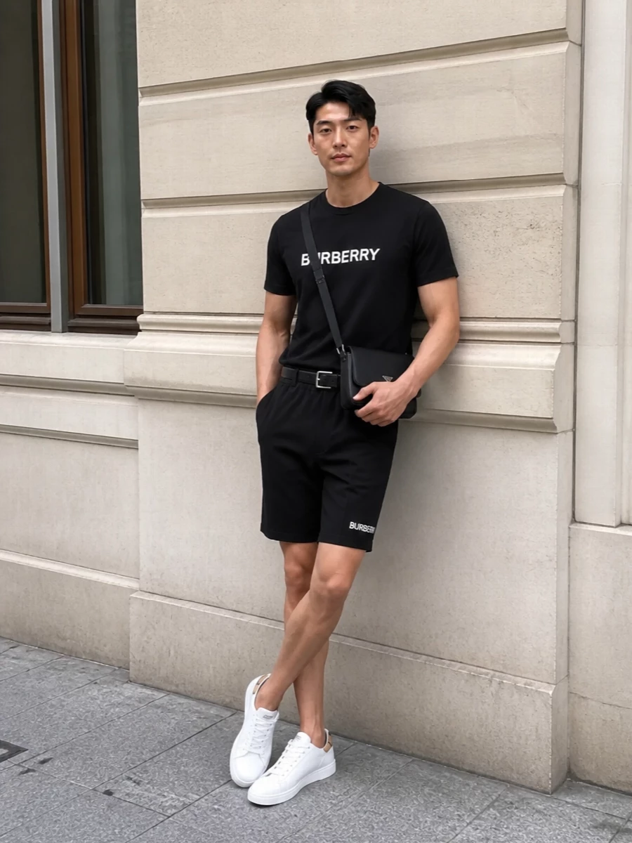 Burberry black logo t shirt chino shorts outfit