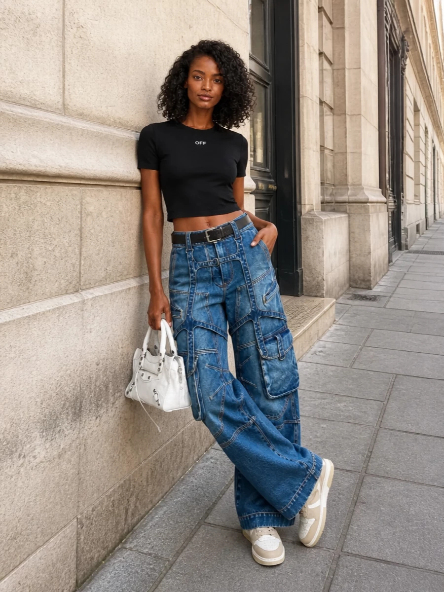 Off white cargo jeans black crop top outfit
