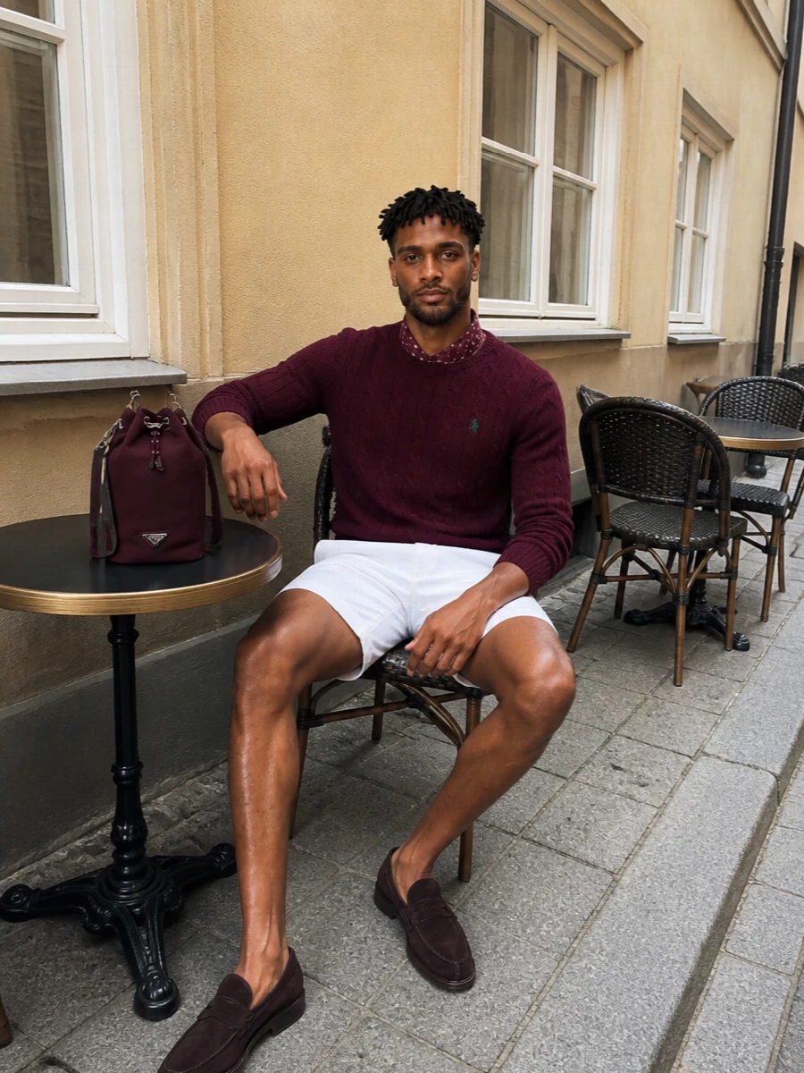 Polo ralph lauren burgundy sweater white shorts