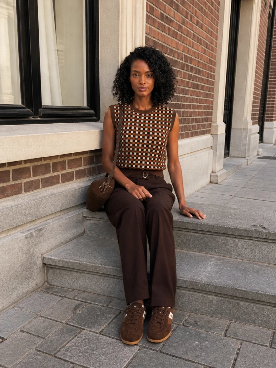 Golden Goose’s check knit sits cleanly over straight chocolate tailoring for a grown-up take on collegiate. The rich browns run from top to toe, with retro runners and a slim suede cross-body keeping the mood relaxed but intentional. It’s an easy city uniform for coffee runs, casual meetings and weekend wandering.