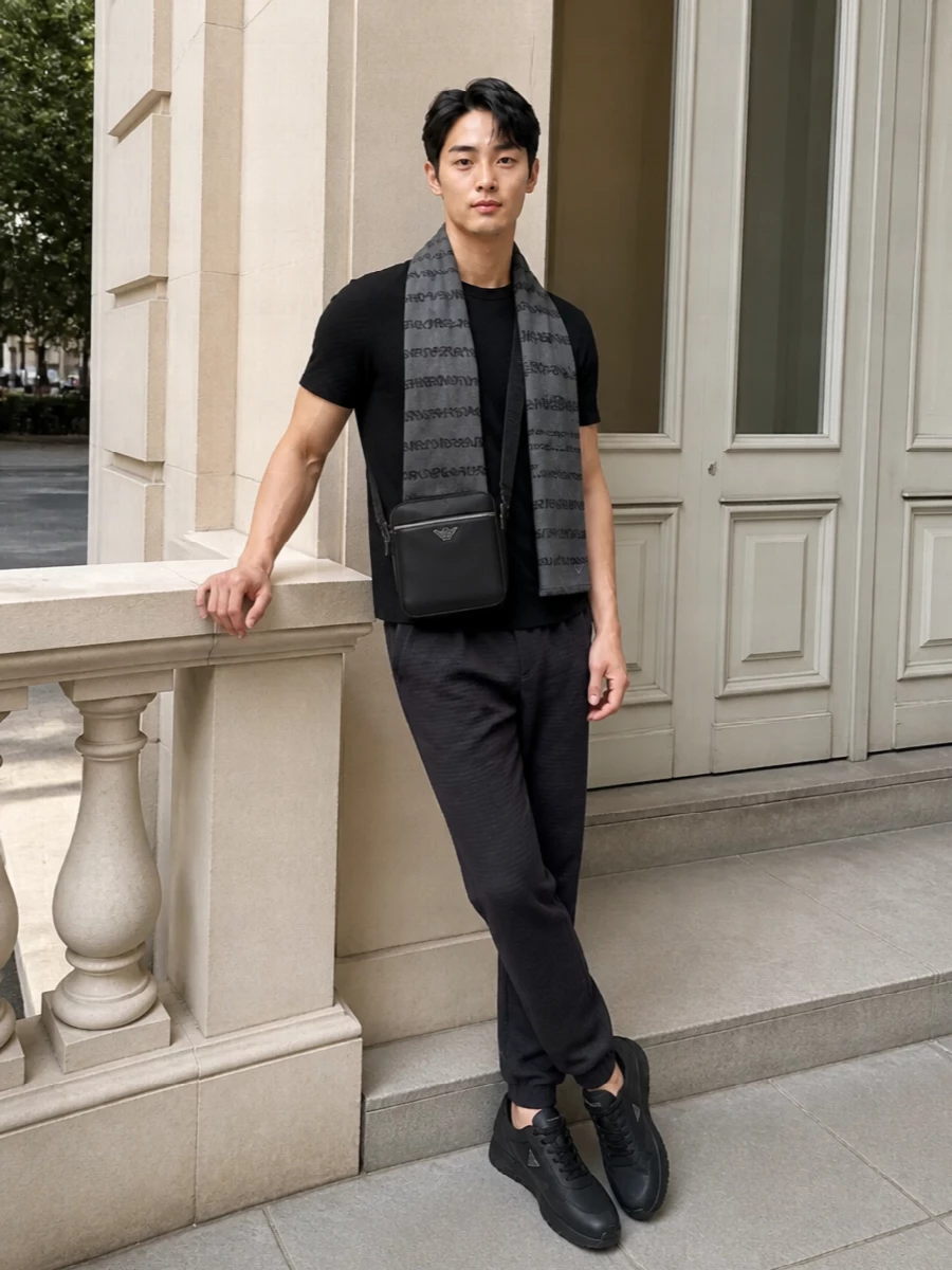Emporio armani black tee charcoal joggers outfit