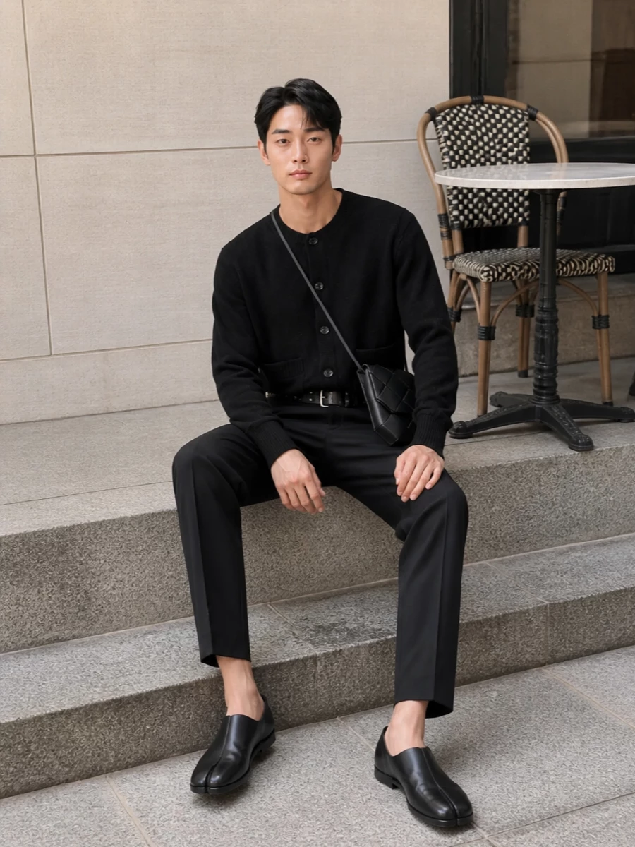 Our legacy cardigan black pleated trousers outfit