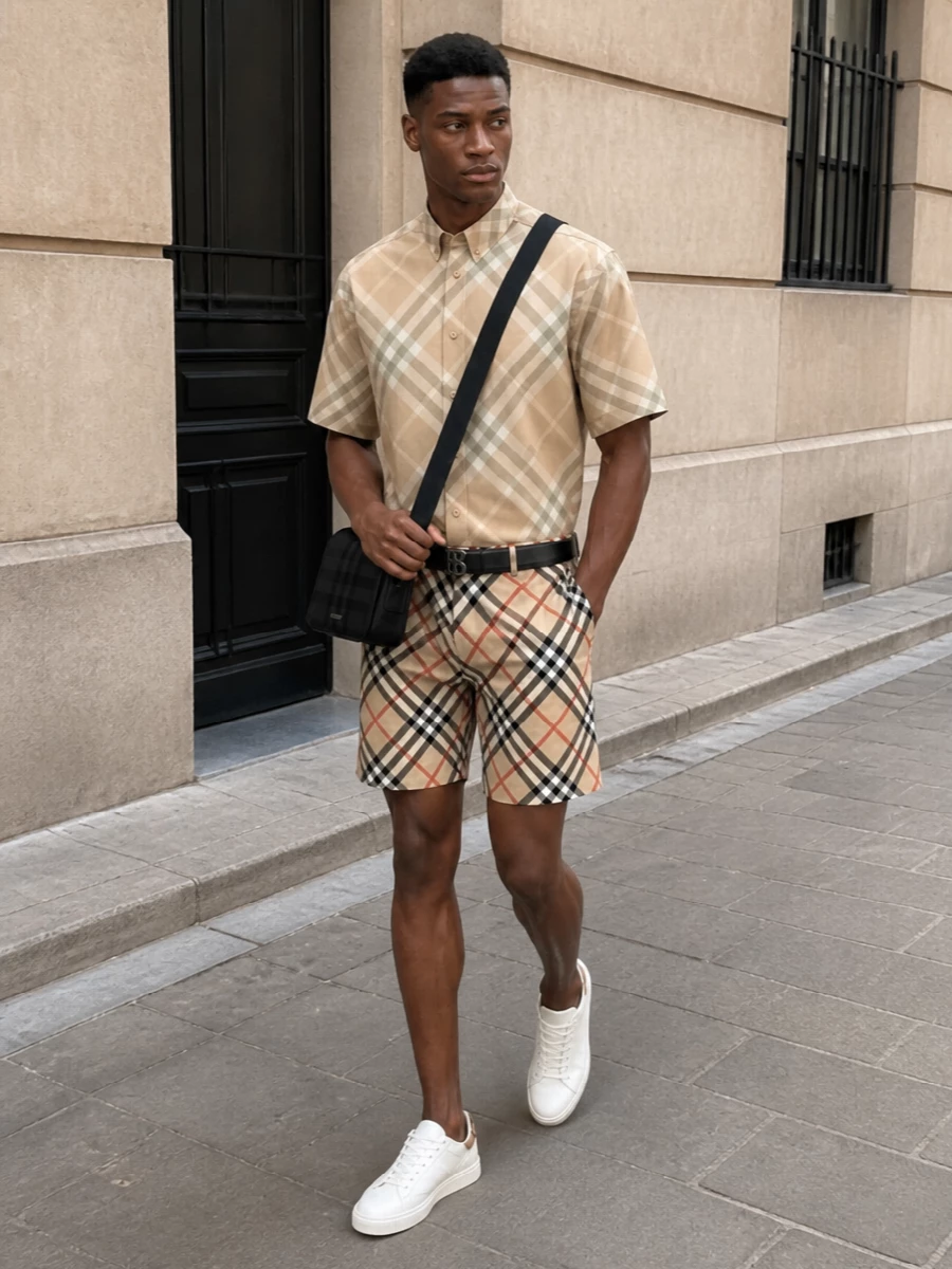 Burberry check shirt shorts outfit sneakers