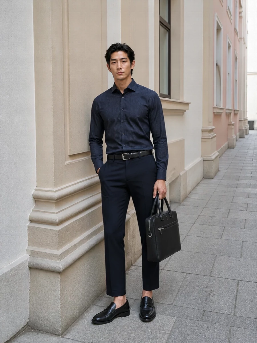 Boss navy shirt with cropped trousers outfit