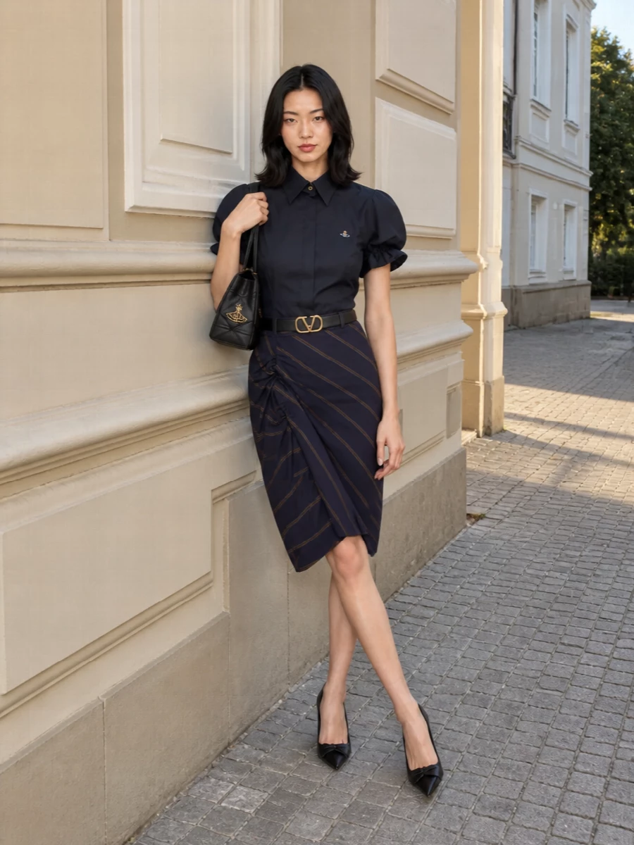 An inky Westwood shirt and matching pinstripe draped skirt create a sculpted, hourglass line that feels dramatic yet boardroom-ready. A slim black belt sharpens the waist, while bow-detailed stilettos and a quilted Orb bag keep the mood polished and quietly romantic in deep navy and black. It is a confident, after-dark tailoring ensemble that still reads impeccably controlled from every angle.